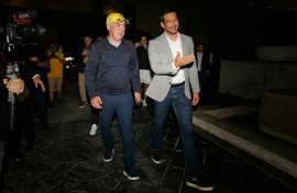 This handout picture released by the Brazilian Football Confederation (CBF) shows the new Brazilian football team head coach Italian Carlo Ancelotti (L) talking with CBF president Samir Xaud as he arrives in Rio to take up his post
