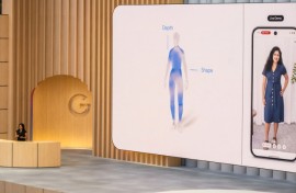 Google advertising and commerce vice president Vidhya Srinivasan shows a new shopping feature that uses artificial intelligence to enable people to virtually try on clothes using their own pictures of themselves