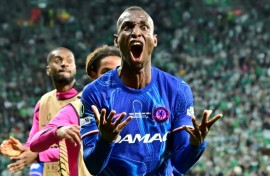 Chelsea's Nicolas Jackson celebrates scoring against Real Betis in the UEFA Conference League final
