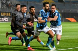 Pyramids defender Ahmed Samy (2R) celebrates scoring against Mamelodi Sundowns in the CAF Champions League final second leg in Cairo.