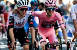 Twin brothers Adam and Simon Yates (in pink) on Sunday as Simon won the 2025 Giro