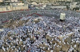 AERIAL SHOTS of Muslim pilgrims praying on Mount Arafat in hajj climax
