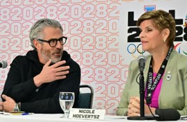LA28 Chair President Casey Wasserman (L) and IOC Vice President and LA28 Coordination Commission Chair Nicole Hoevertsz say US President Donald Trump's travel ban will not affect the Olympics
