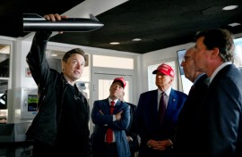Elon Musk gives a tour to then President-elect Donald Trump and lawmakers of the control room before the launch of the sixth test flight of the SpaceX Starship rocket on November 19, 2024