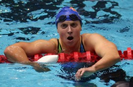 Katie Ledecky reacts after winning the 400m freestyle at the US Swimming Championships in Indianapolis, Indiana
