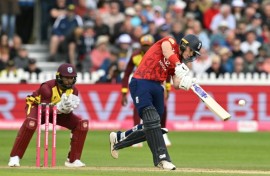 England's Jacob Bethell hits a boundary during the second T20 against the West Indies in Bristol