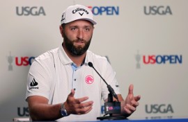 Two-time major winner Jon Rahm of Spain speaks before a practice round ahead of the 125th US Open at Oakmont