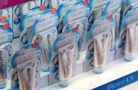 Sunscreen products displayed at a major drug store in Tokyo's Shibuya district. The sunscreen brand Biore UV is ranked 10th worldwide for sales, and second in Asia