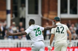 South Africa's Kagiso Rabada celebrates taking the wicket of Australia's Cameron Green on the first morning of the World Test Championship final at Lord's