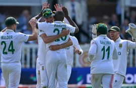 South Africa's Kagiso Rabada (3rd from left) took five Australian wickets on the first day of the World Test Championship final