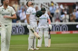 South Africa's Aiden Markram celebrates after reaching his century in the World Test Championship final at Lord's