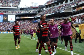 Bruno Henrique (C) celebrates with teammates after scoring for Flamengo as the Brazilians came from behind to beat Chelsea 3-1 at the Club World Cup on Friday