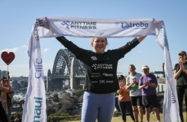 Ultra long-distance runner Fran Hurndall completed a 3,800-kilometre (2,360-mile) charity run across Australia in Sydney, claiming the fastest time on record for a woman