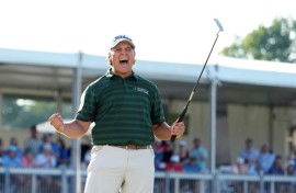 Aldrich Potgieter of South Africa celebrates winning the Rocket Classic for his first PGA Tour title