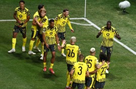 Borussia Dortmund's Guinean forward Serhou Guirassy celebrates scoring his team's first goal in the hard-fought win over Monterrey
