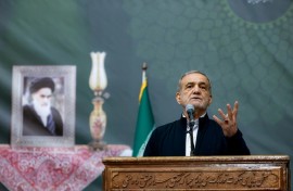 A handout picture shows Iran's President Masoud Pezeshkian giving an address in Tehran