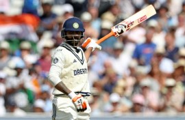 India's Ravindra Jadeja celebrates his fifty in the second Test against England at Edgbaston