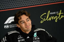 Mercedes' British driver George Russell talks to the media ahead of the Formula One British Grand Prix at Silverstone