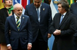 Brazil's President Luiz Inacio Lula da Silva and Argentina's President Javier Milei pose for a photo at a Mercosur summit in Buenos Aires