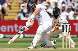 England's Jamie Smith goes on the attack against India in the second Test at Edgbaston