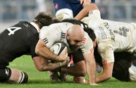 France's Giorgi Beria is tackled during the first Test against New Zealand