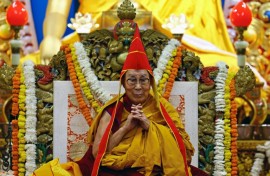 Tibetan spiritual leader the Dalai Lama attends a long-life prayer offering ceremony at the Main Tibetan Temple in McLeod Ganj, near Dharamsala