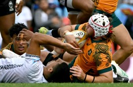 Fraser McReight (R) scored one of Australia's tries in their win over Fiji