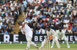 England's Jamie Smith hits a six during his 88 in the second Test against India at Edgbaston