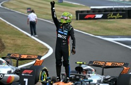 Lando Norris celebrates winning his home British Grand Prix
