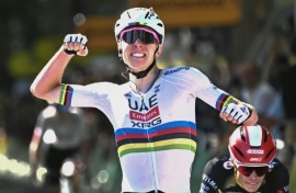 Tadej Pogacar celebrates victory in Rouen, his 18th in the Tour de France and his 100th as a pro