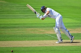 England's Joe Root plays a shot off his pads in the third Test against India at Lord's