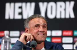 Paris Saint-Germain coach Luis Enrique speaks to media at a press conference at MetLife Stadium on Friday