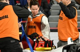 British and Irish Lions' Luke Cowan-Dickie is stretchered off the field after a head injury in Adelaide