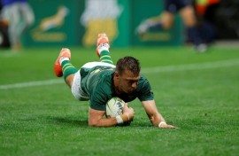South Africa fly-half Handre Pollard scores a try against Georgia in Mbombela