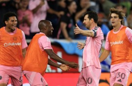 Lionel Messi celebrates with his Inter Miami team-mates after scoring the second of two goals in a thrashing of the New York Red Bulls