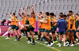 Wallabies players stretch during a training session ahead of the second Test against the British and Irish Lions