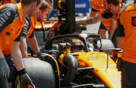 McLaren's Australian driver Oscar Piastri makes a pit stop in the first practice session ahead of the Formula One Belgian Grand Prix at the Spa-Francorchamps circuit