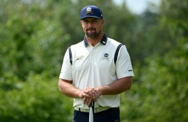 American star Bryson DeChambeau looks on during the second day of a LIV Golf event in Rocester, England, on July 26, 2025.
