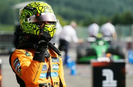 McLaren's British driver Lando Norris celebrates his pole position after the qualifying session ahead of the Formula One Belgian Grand Prix
