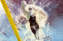Katie Ledecky competes in a heat of the women's 1500m freestyle swimming event during the 2025 World Aquatics Championships in Singapore