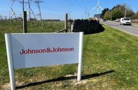 A sign for US pharmaceutical giant Johnson and Johnson in Ringaskiddy, near Cork, southern Ireland, an area which has attracted many US pharma giants in recent years
