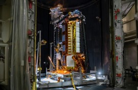 This NASA image obtained on July 29, 2025 shows part of the NASA-ISRO Synthetic Aperture Radar (NISAR) satellite, which was designed to track subtle changes in Earth's land and ice surfaces