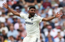 India's Mohammed Siraj celebrates dismissing England's Jacob Bethell in the fifth Test at the Oval