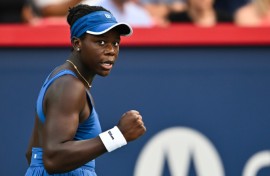 Canadian Victoria Mboko celebrates a point during her upset win over top-seeded American Coco Gauff at the WTA Canadian Open in Montreal