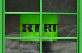 A photograph taken in Moscow in January 2023 shows the logo of RT (Russia Today) TV channel displayed at the company headquarters