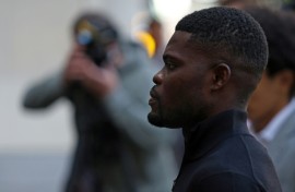 Former Arsenal midfielder Thomas Partey arrives at Westminster Magistrates' Court in London