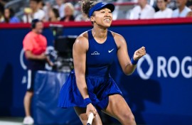 Japan's Naomi Osaka celebrates a victory against Clara Tauson of Denmark in the semi-finals of the WTA Canadian Open in Montreal