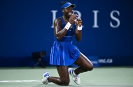 Canadian teen Victoria Mboko celebrates after beating Japan's Naomi Osaka in the WTA Canadian Open final