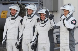 The Crew-10 astronauts pictured in March before they blasted off for the space station