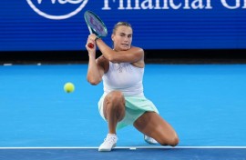 Aryna Sabalenka gets low for a backhand on the way to an opening victory over Marketa Vondrousova at the ATP-WTA Cincinnati Open